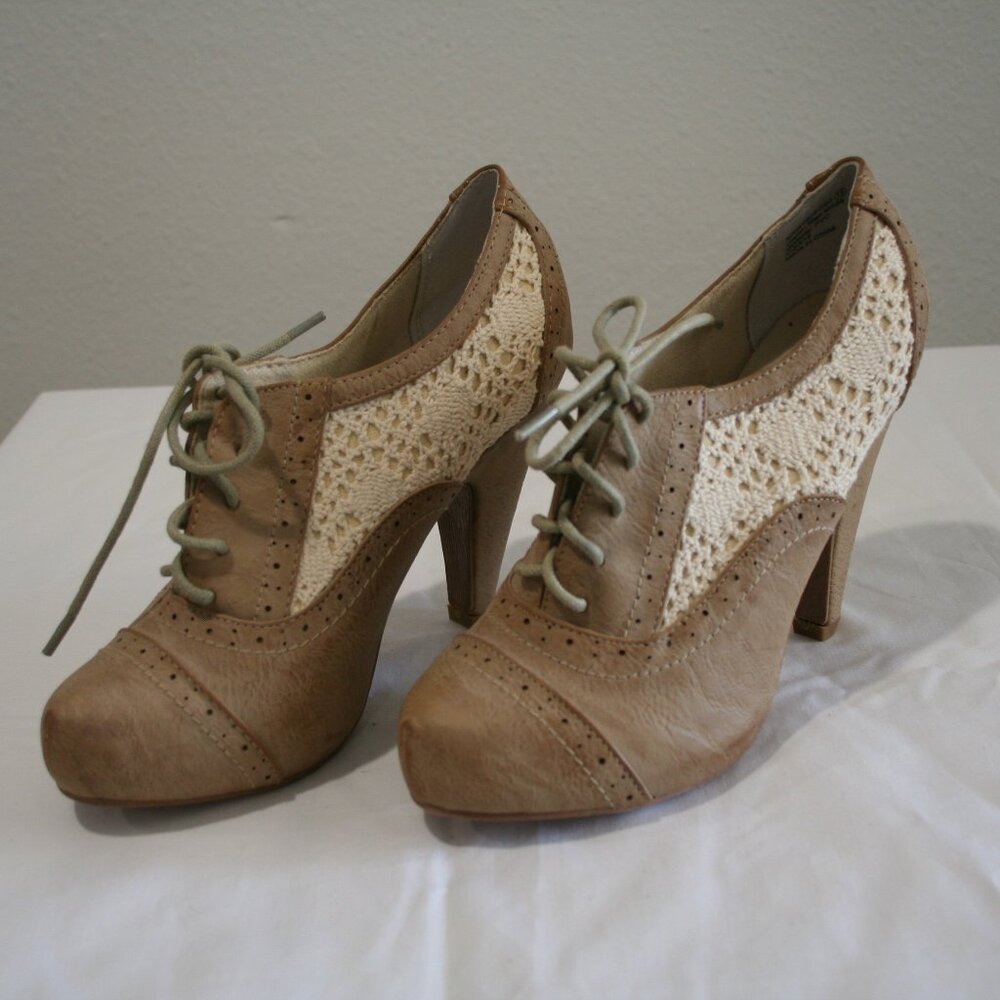 Not Rated Brown and White Lace-up Heels. Size 7.5